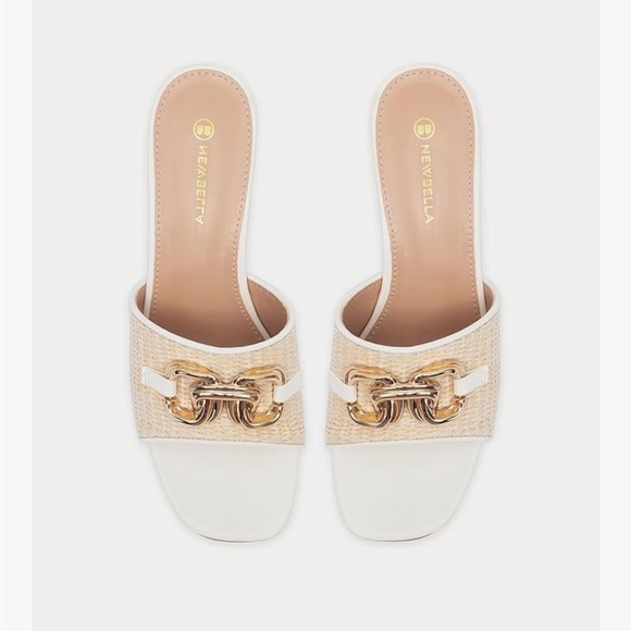 Newbella Shoes - NIB NEWBELLA Raffia Slide Sandals Chain Block Heel Cream/Tan Women’s Size 7.5